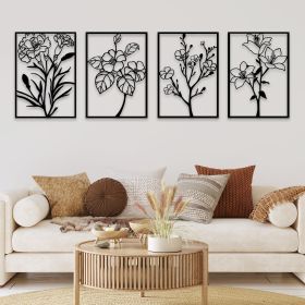 4 Pcs Black Metal Flower Wall Art, Abstract Line Art Wall Decor, Minimalist Floral Wall Hanging Art