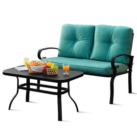 2 Pieces Patio Loveseat Bench Table Furniture Set with Cushioned Chair (Color: Turquoise)
