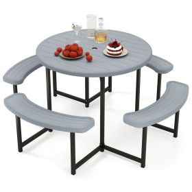 Round Picnic Table Bench Set with 4 Benches and Umbrella Hole for Patio Lawn (Color: Grey)