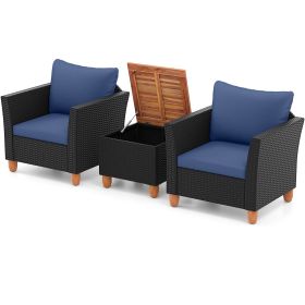 3 Pieces Patio Wicker Furniture Set with Cushions and Acacia Wood Coffee Table Outdoor (Color: Navy)