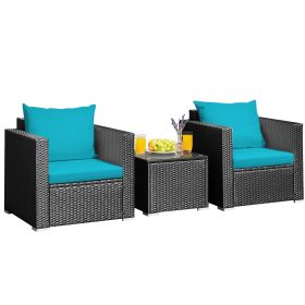 3 Pieces Patio Wicker Conversation Set with Cushion (Color: Turquoise)